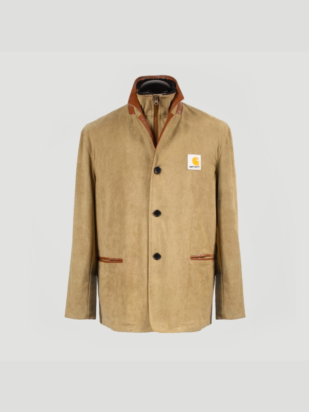 CARHARTT Tan Microsuede Jacket Faux Fur Interior Collar Vegan Leather Trim US M
